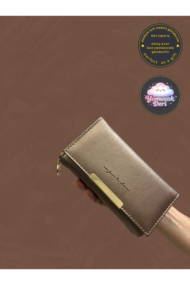 Copper Color Soft Leather Women's Wallet Handbag with Gold Detail