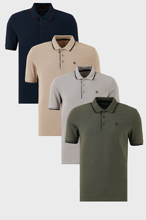 Cotton Regular Fit Stripe Detailed Buttoned Polo Collar 4-Pack t Shirt Men's t Shirt 5902118
