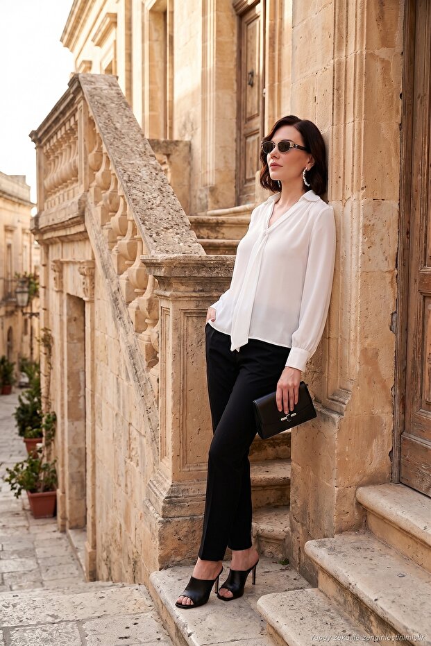 Tie Detailed V-Neck Chiffon Shirt SHIRT 611BZ0047