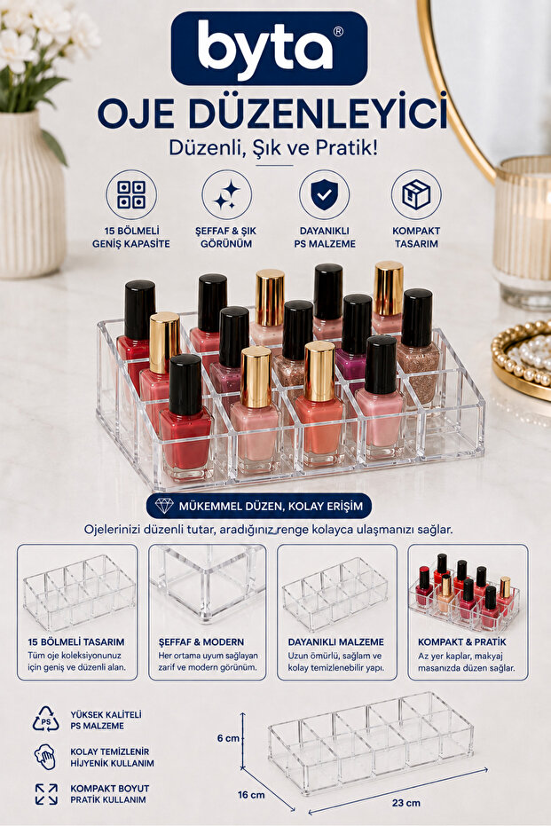 Transparent 15-Compartment Nail Polish Organizer – Desktop Cosmetic and Nail Polish Organizer