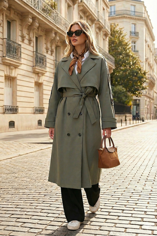 Oversize Fit Double Breasted Collar Buttoned Belted Long Trench Coat Trench Coat 6839476