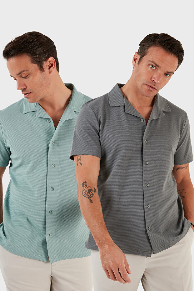 Cotton Regular Fit Short Sleeve 2'Li Package Shirt Men's Shirt 5902640S2