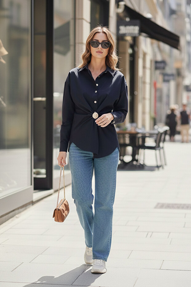 Cotton Regular Fit Brooch Detailed Long Sleeve Shirt Shirt 6834990