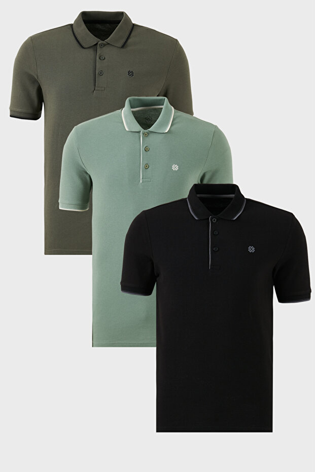 Cotton Regular Fit Stripe Detailed Buttoned Polo Collar 3-Pack t Shirt Men's t Shirt 5902118