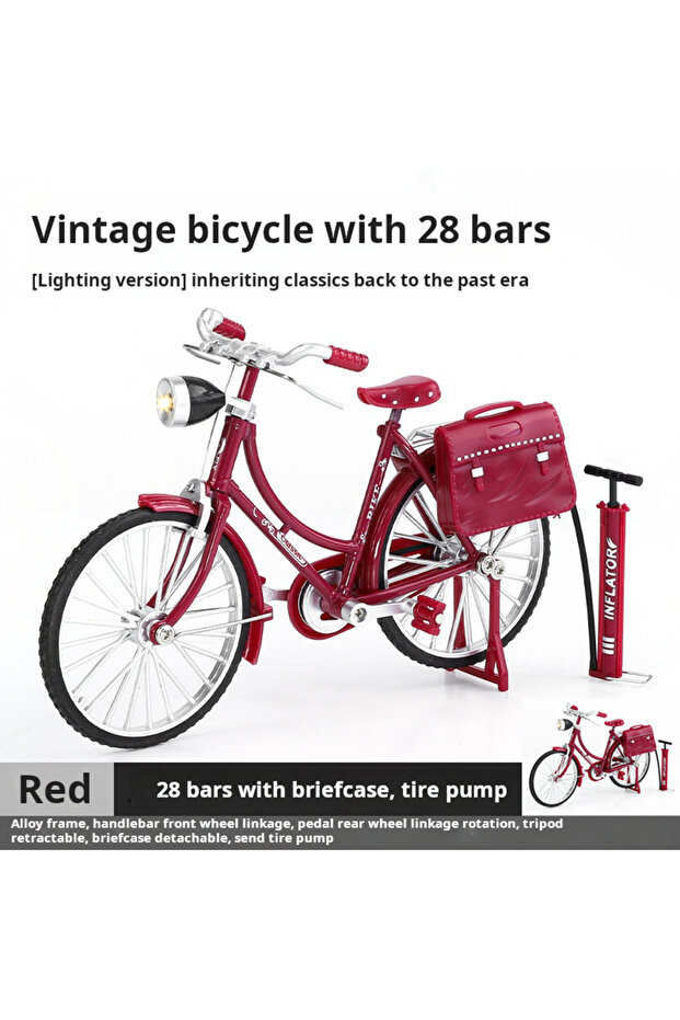 Light Red 1:10 Scale Retro Alloy Diecast Bicycle Premium Model Finger Mountain Bike With Light Toy K