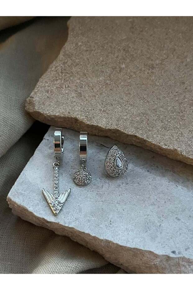 Silver Colored Arrow and Stone Triple Earrings