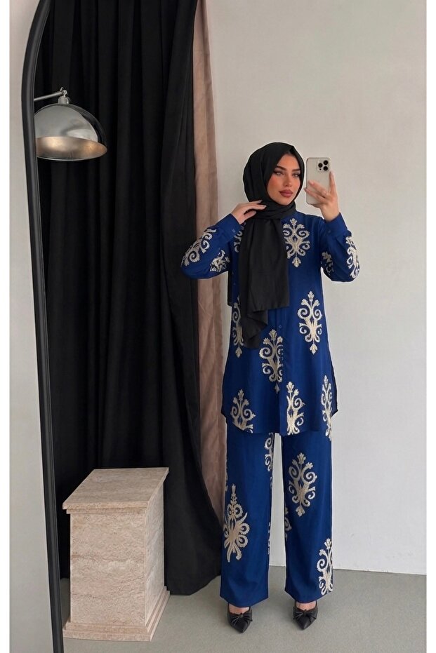 Women's Navy Blue Tunic Pants Linen Double Suit