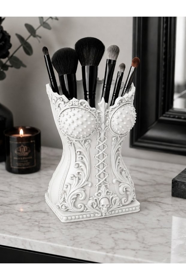 Gothic Design Corset-Look Makeup Brush Organizer - Decorative Pen Holder and Organizer
