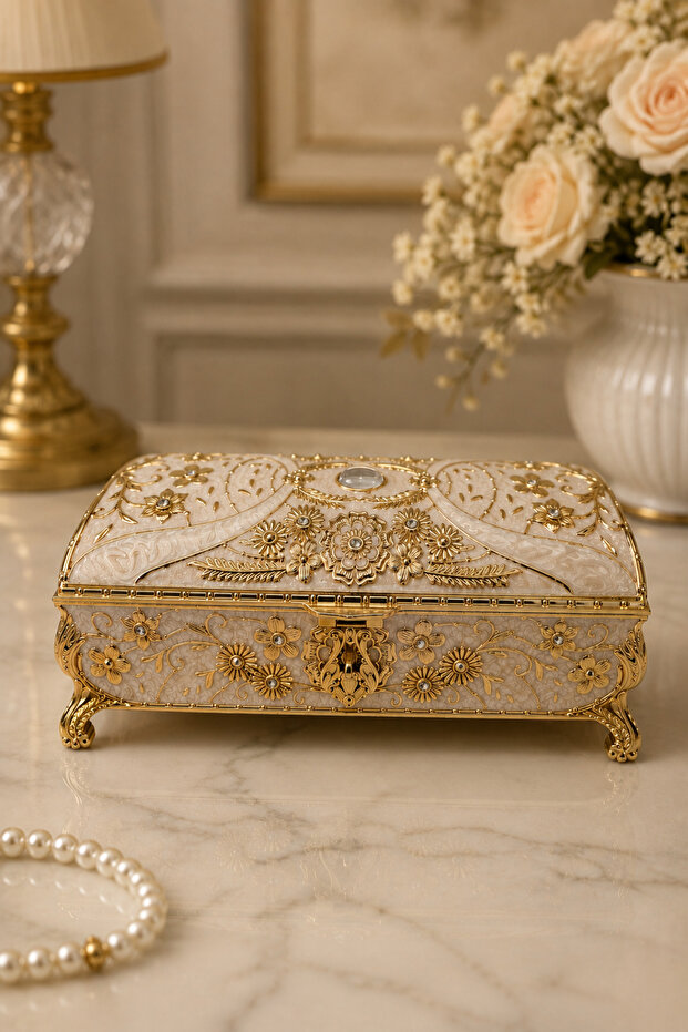 Gold Look Embossed Floral Patterned Jewelry Box Large Size