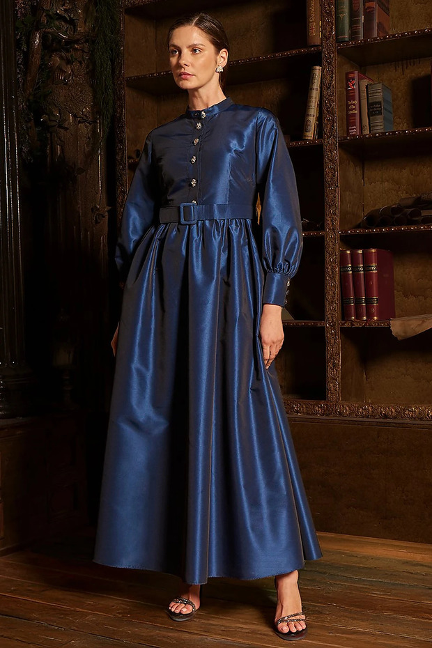 Belt Detailed Taffeta Dress Navy Blue