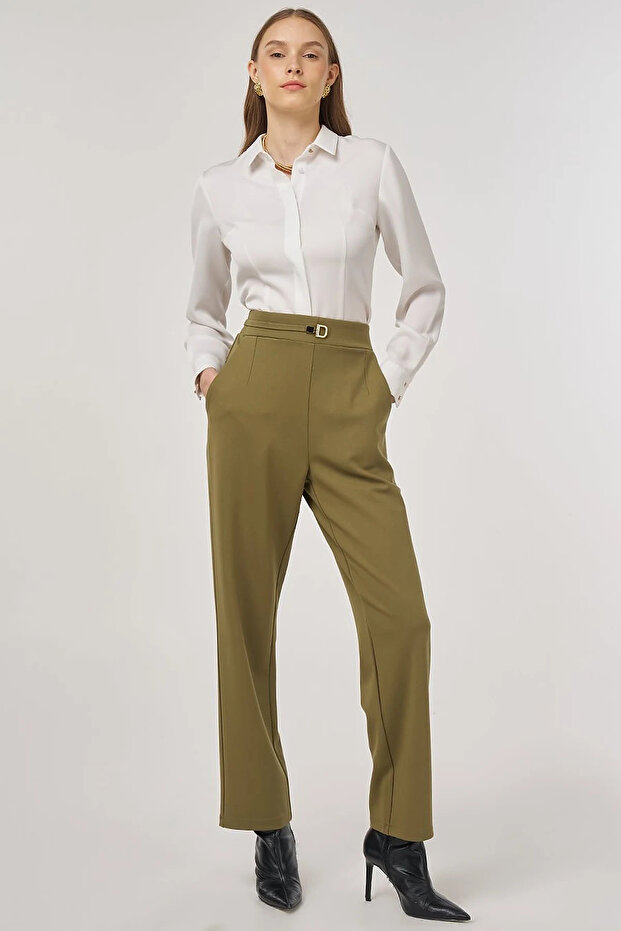 Metal Buckle Pipe Leg Trousers Khaki