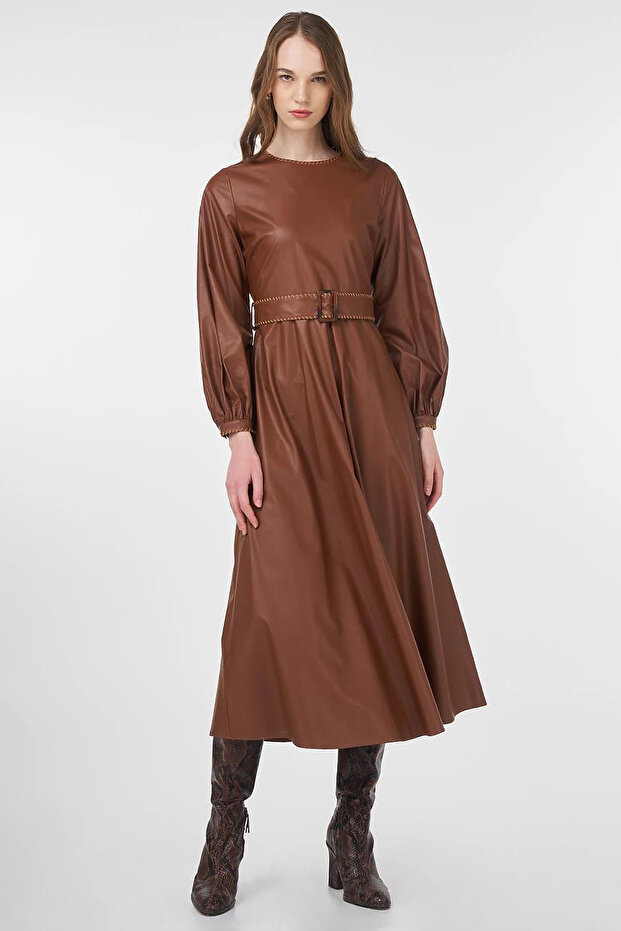 Faux Leather Dress with Belt Detail Taba