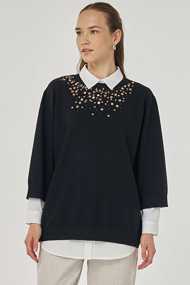 Viscose Knitwear Tunic with Sequin Detail on the Collar, Black