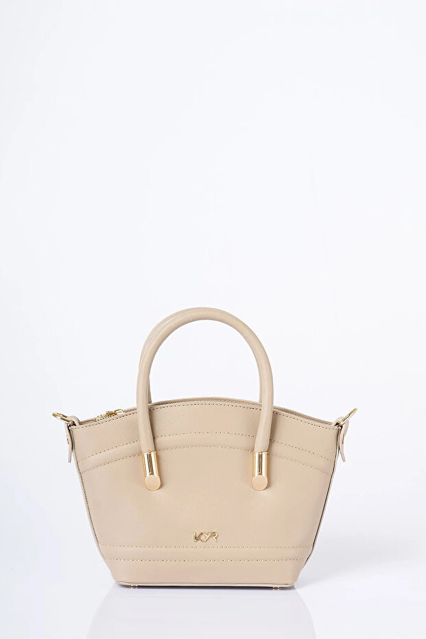 Gold Detailed Faux Leather Tote Bag Stone