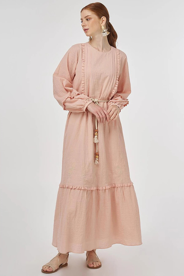 Ruffle Detailed Seersucker Dress Powder