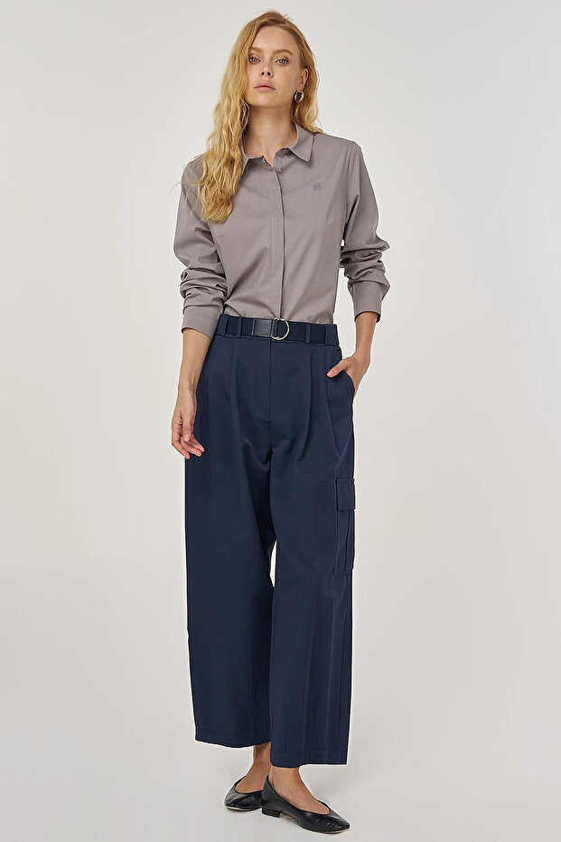 Belt Detailed Relaxed Fit Trousers Dark Navy Blue