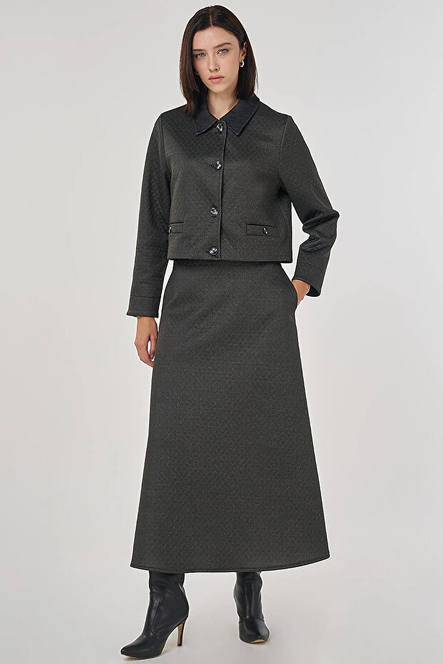Embossed Pattern Skirt Suit Khaki