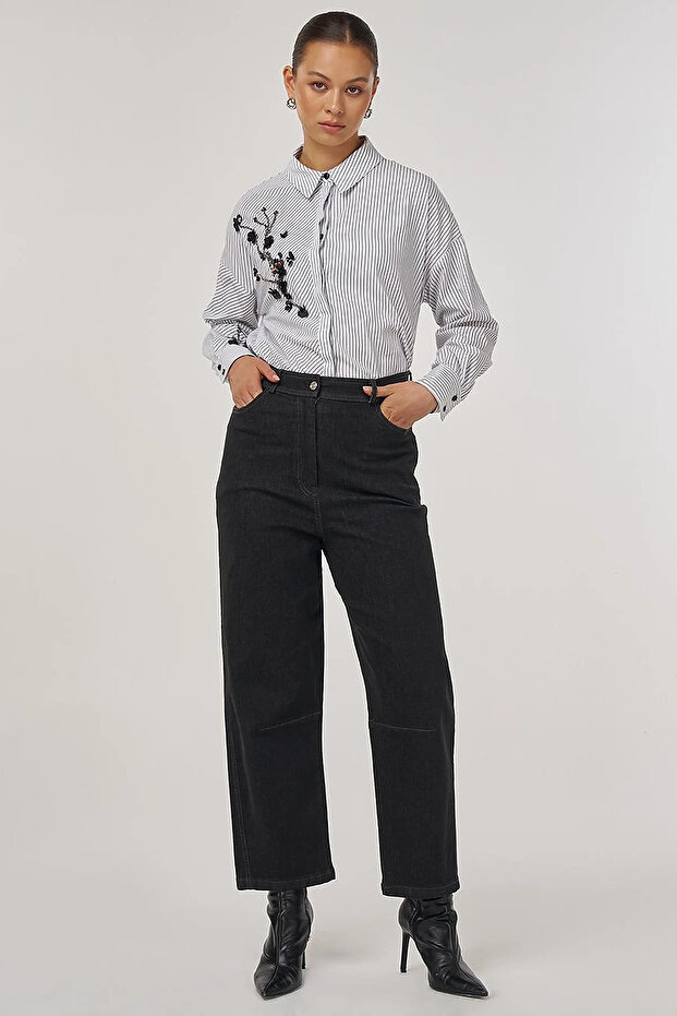 Stitch Detailed Wide Leg Denim Trousers Black
