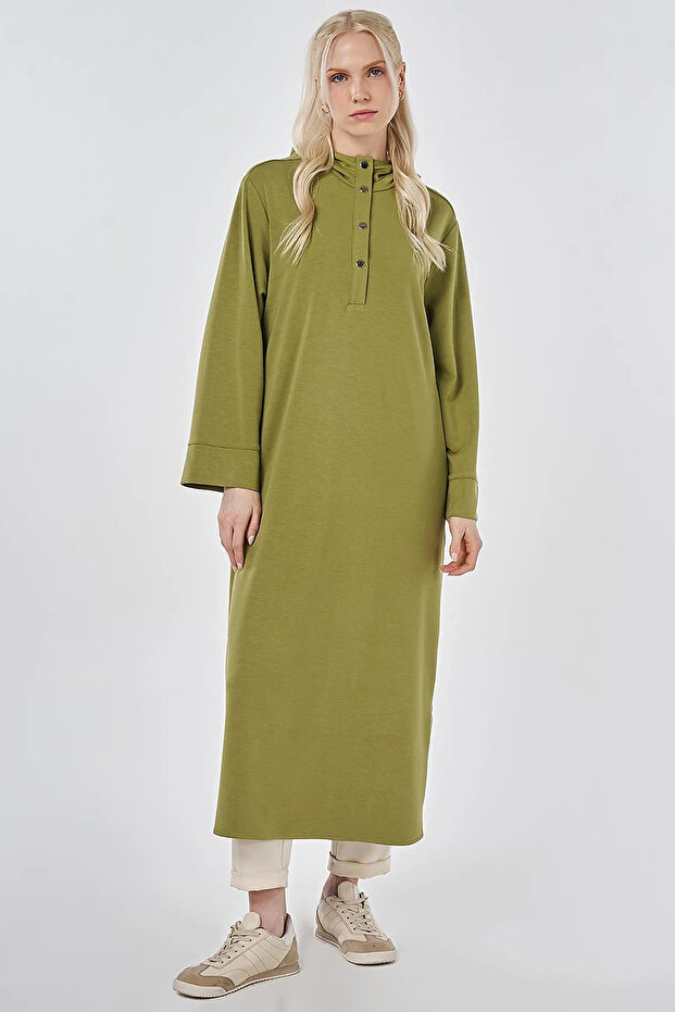 Hooded Detailed Modal Long Tunic Matcha Green