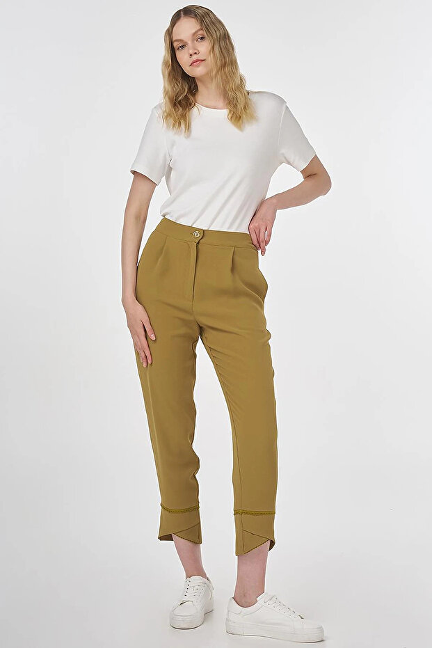 Stitch Detailed Crepe Trousers Khaki