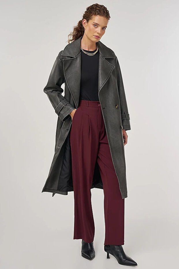 Epaulette Detailed Faux Leather Trench Coat Black