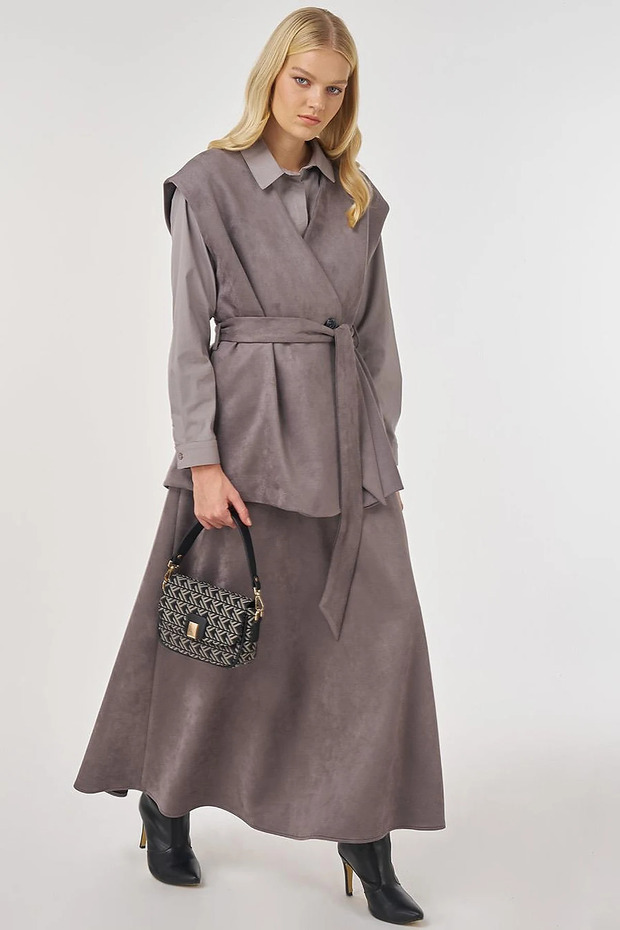 Suede Skirt Suit with Belt Detail Smoked