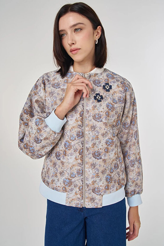 Floral Pattern Jacquard Jacket Aviator Blue
