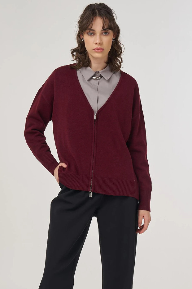Zippered Knitwear Cardigan Claret Red