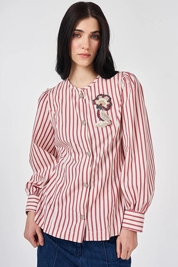 Shiny Buttoned Cotton Tunic Ruby