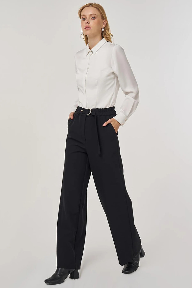 Metal Buckle Fabric Trousers Black