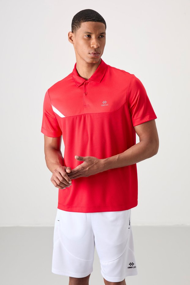 Red Breathable Textured Slim Flexible Standard Fit Polo Neck Men's T-Shirt - 88402