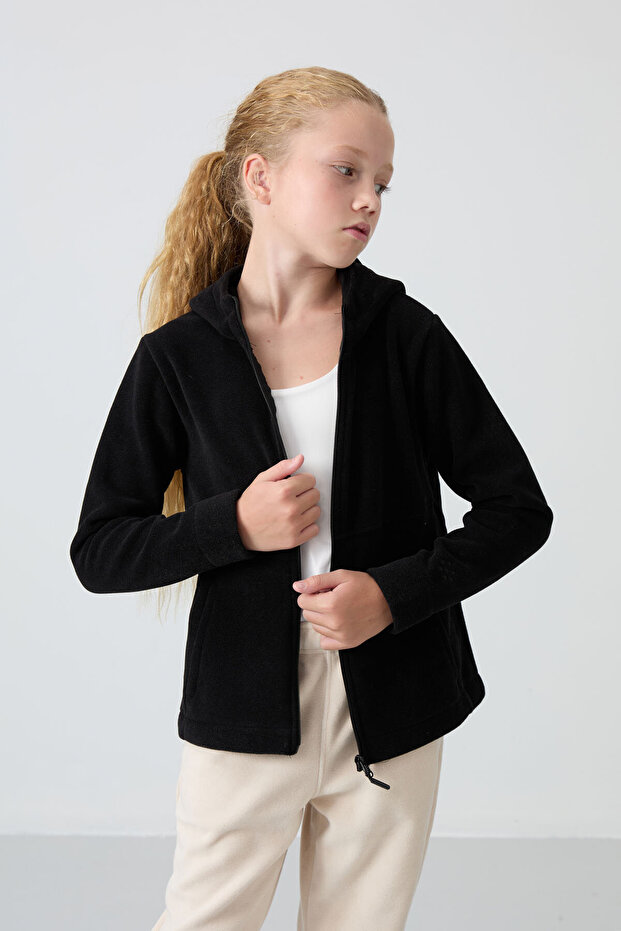 Black Thick Soft Textured Standard Fit Embroidered Fleece Girls' Sweatshirt - 75152