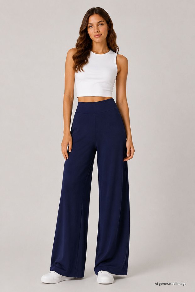 Dark Purple Comfort Fit Wide Leg Corsage Palazzo Women's Trousers - 94681