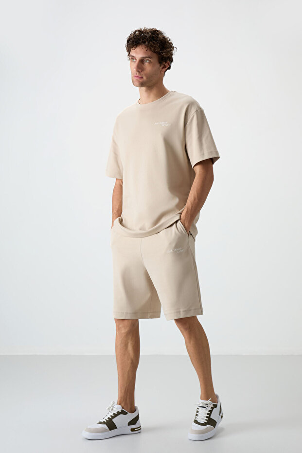 Beige Cotton Thick Soft Textured Oversize Fit Embroidered Men's Shorts Set - 85250