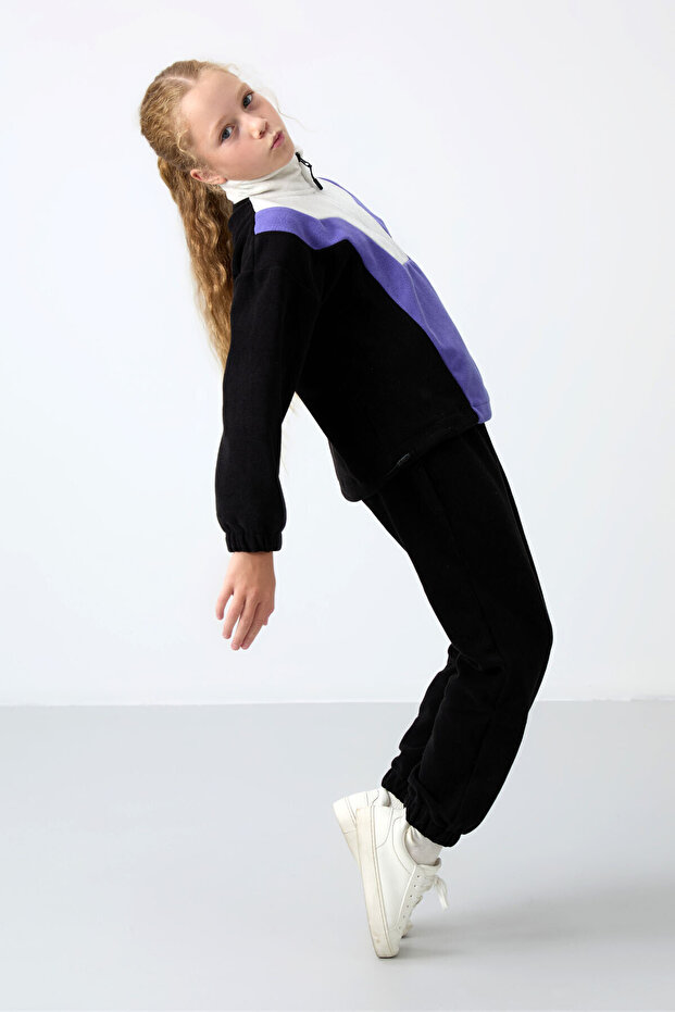 Black Thick Soft Textured Comfortable Embroidered Fleece Girls' Sweatshirt - 75153