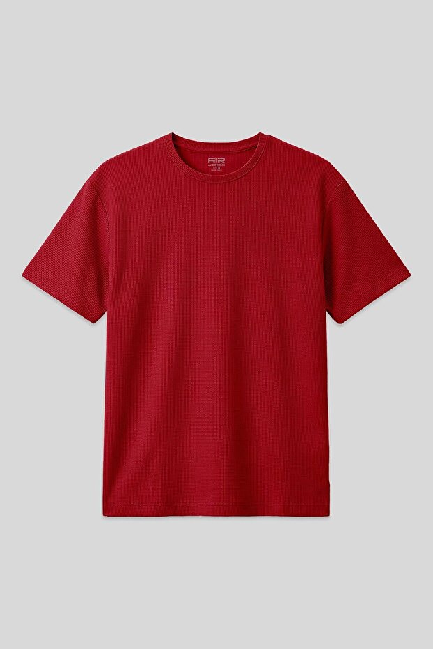 Red Waffle Interlock Surface Textured Oversize Fit Basic Men's T-Shirt - 88379
