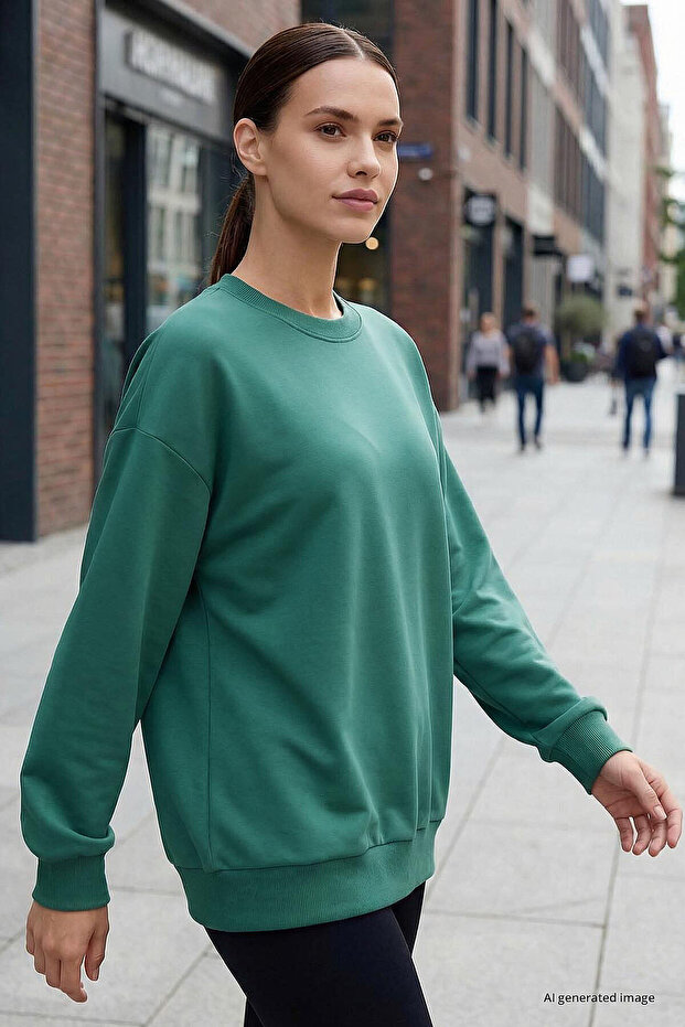 سويت شيرت نسائي من Sea Green Basic O Neck قصة فضفاضة - 97053