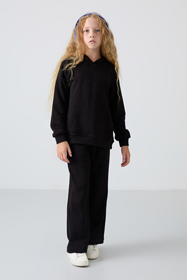 Black Cotton Hairy Inside Soft Textured Standard Fit Embroidered Girl's Tracksuit Set - 75162