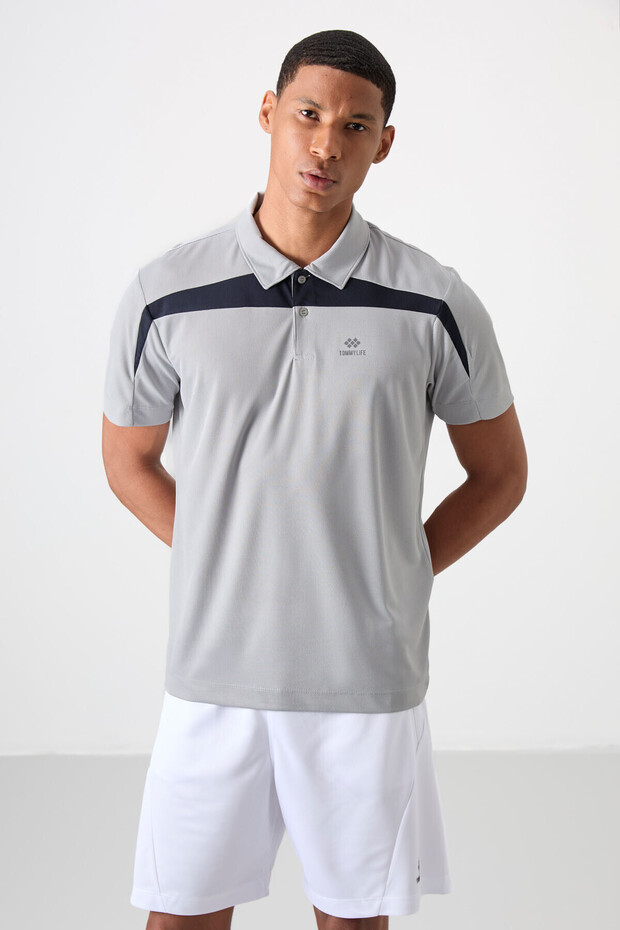 Gray Breathable Textured Slim Flexible Standard Fit Polo Neck Men's Performance T-Shirt - 88392