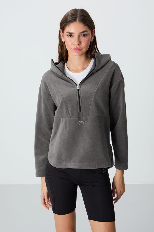 Dark Gray Thick Soft Textured Hooded Standard Fit Embroidered Fleece Women's Sweatshirt -97286
