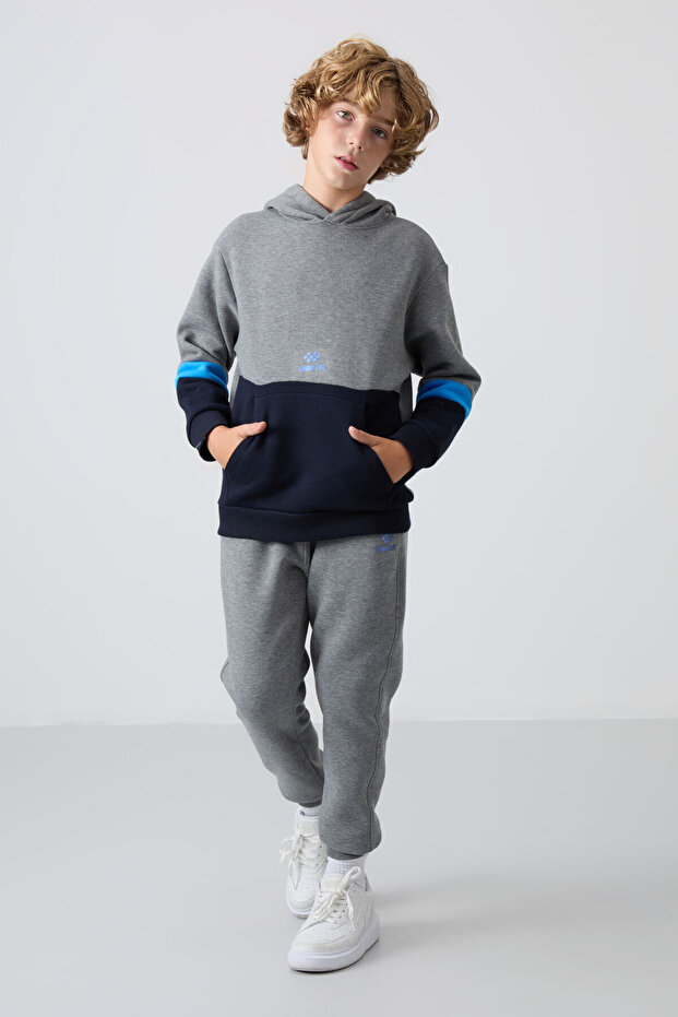 Gray Melange Cotton Thick Fleece Lined Standard Fit Embroidered Boys Tracksuit Set - 11255