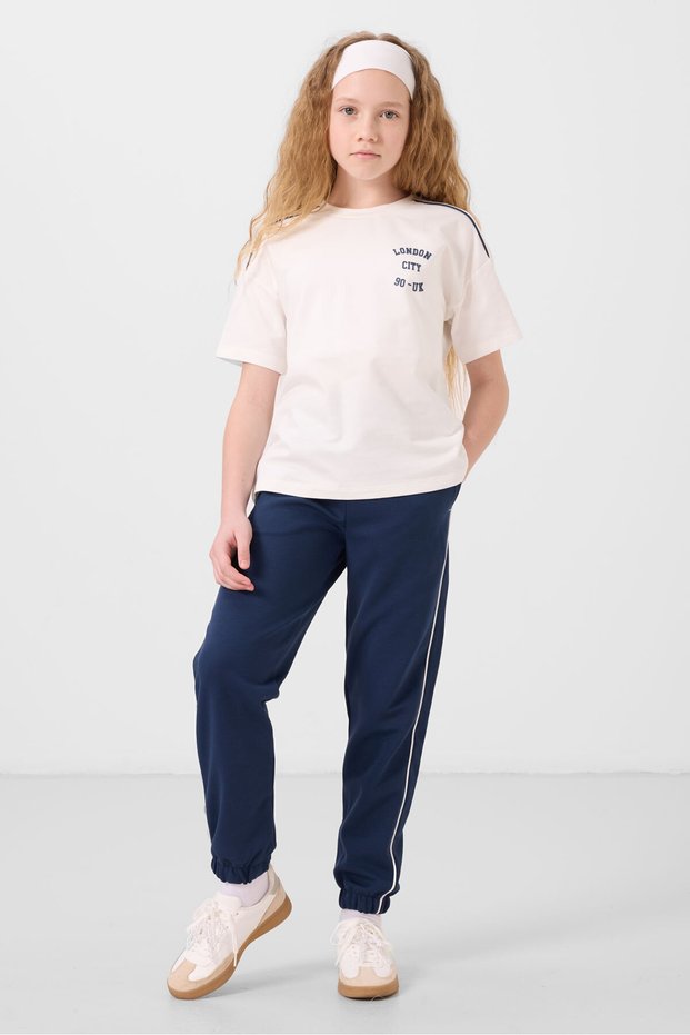 Ecru-Parliament O Neck Printed Rubber Leggings Standard Fit Girl's Tracksuit Set - 75186