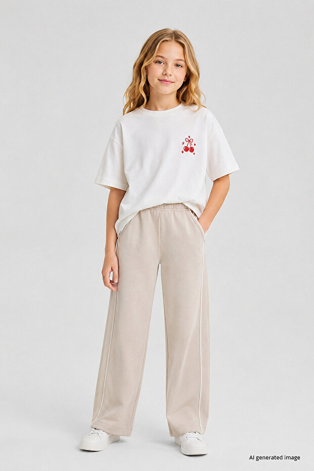 Beige Piping Detailed Basic Palazzo Girls' Sweatpants - 75195