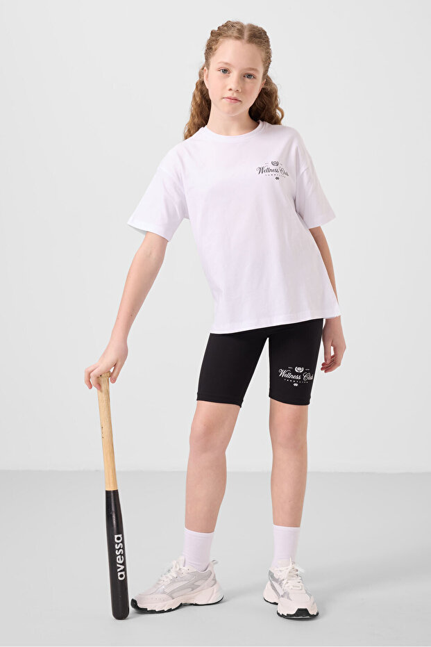 White-Black Cotton O Neck Standard Fit Printed Female Child Leggings Suit - 75190