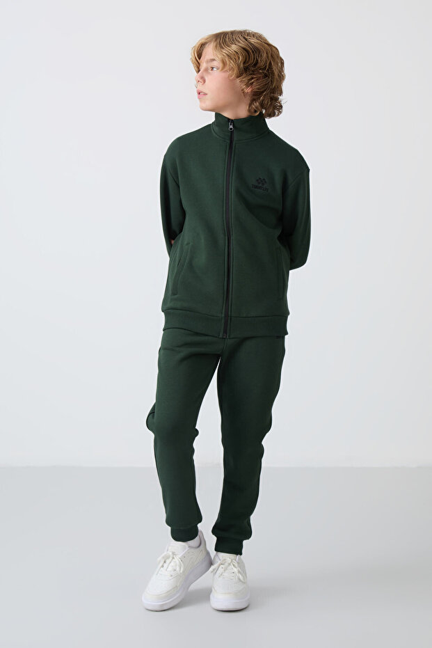 Pine Green Cotton Thick Fleece Lined Standard Fit Embroidered Boys' Tracksuit Set - 11256