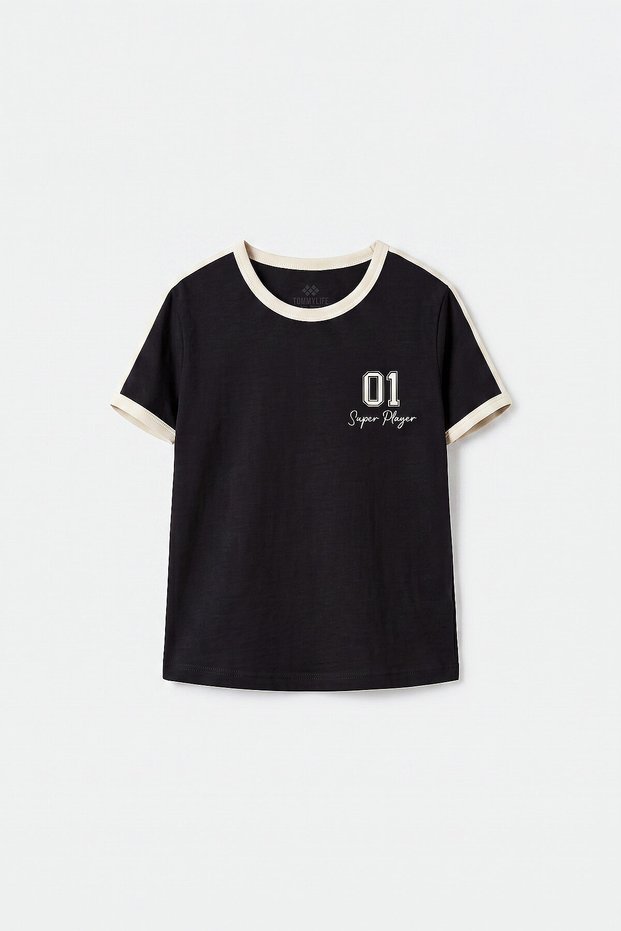 Black Shoulder Piping Detailed Printed Girls' T-Shirt - 75181