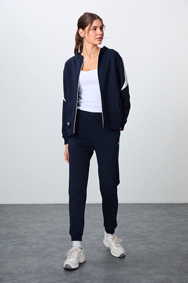 Indigo Compact Cotton Thick Smooth Textured Hooded Standard Fit Women's Tracksuit Set - 95343