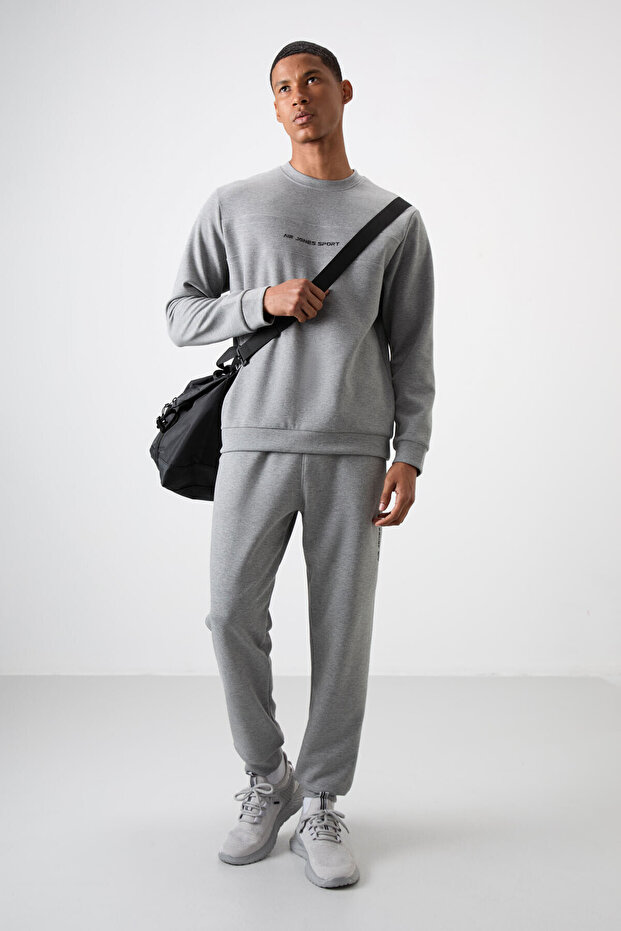 Gray melange cotton thick soft textured comfort fit printed men's tracksuit set - 85253