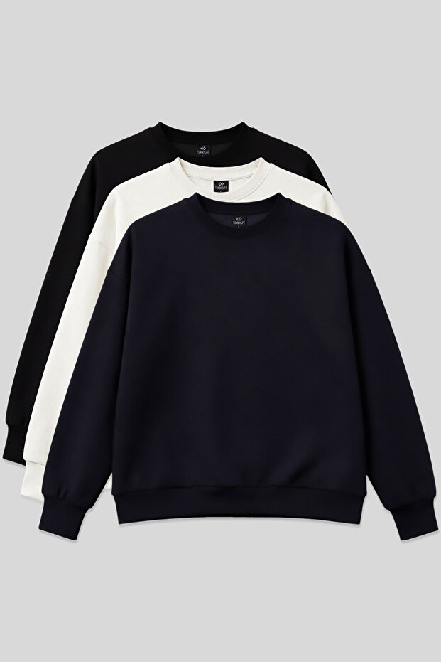 Basic Oversized O Neck 3 Pack Black-Navy Blue-Ecru Women's Sweatshirt - 97053