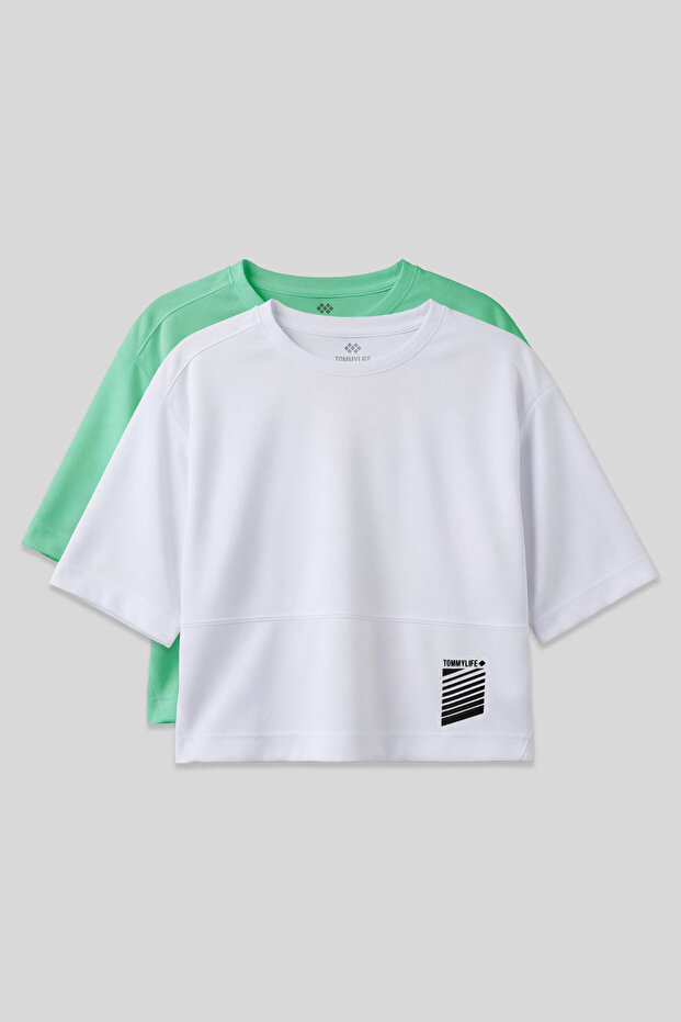 Oversize Fit O-Neck 2-Pack White-Aqua Green Women's T-Shirt - 97284